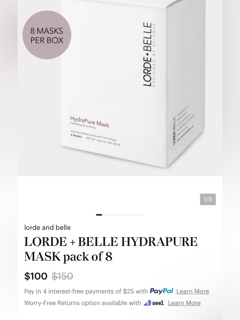 8 Lorde + Belle HYDRAPURE Face Masks